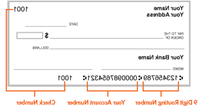 Blank check illustrating the placement of routing, account, and check number.